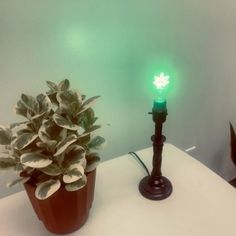 a potted plant sitting on top of a white table next to a green light