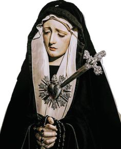 a painting of a nun holding a cross and wearing a black dress with white trim