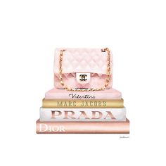 a stack of books with a pink purse on top of each other and the words marc jacquet's prada written in gold