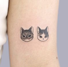 two cats tattoo on the left side of the arm, with one cat looking at the camera