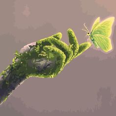 a painting of a hand holding a green plant with a butterfly on it's wing