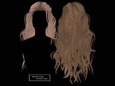 two long blonde wigs are next to each other in front of a black background