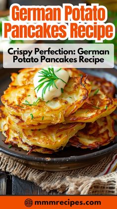 the german potato pancakes recipe on a black plate with text overlay that reads, crispy perfectionion german potato pancakes recipe