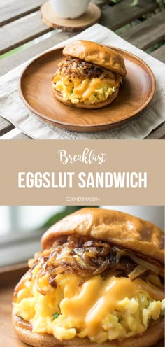 an egg and cheese sandwich on a plate with the words breakfast eggslut sandwich