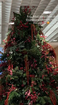 a large christmas tree with red and green decorations