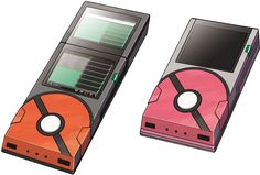 two electronic devices with different colors and designs on the sides, one has a floppy disk attached to it