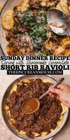 Slow cooked short ribs with red wine, onions, lemon ravioli and homemade gremolata. Lemon Ricotta Ravioli, Short Rib Ravioli, Slow Cook Short Ribs, Cooking Short Ribs, Ricotta Ravioli, Sunday Dinner Recipes, Butter Salmon, Beef Chuck Roast, Short Rib