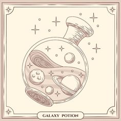 an illustration of the planets in a glass bottle with stars around it and text that reads galaxy