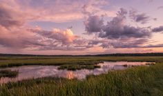 the sun is setting over a marshy area with clouds in the sky above it