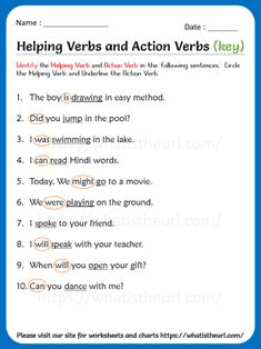 a worksheet with the words helping verbs and action verbs on it