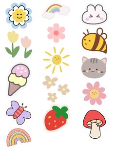 various stickers that include flowers, bees and other things in the shape of animals