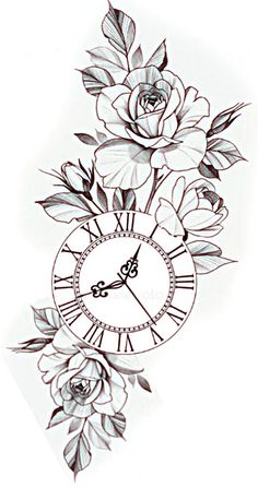 a drawing of a clock with flowers on it