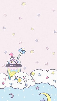 an illustration of a cupcake on top of a cloud with stars and moon in the sky