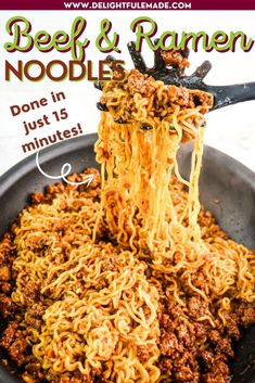 beef and ramen noodle dish in a skillet with the title above it