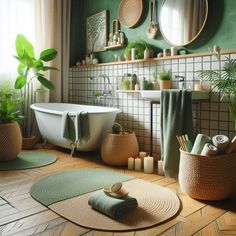 a bathroom with green walls and flooring, plants in the bathtub, rugs on the floor