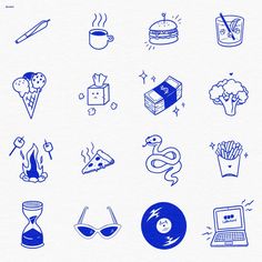 various blue and white icons on a white paper background, including pizza, soda, ice cream