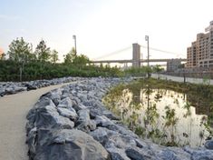 there is a large rock wall next to the river and bridge in the background with buildings on both sides