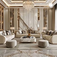 a living room filled with furniture and a chandelier hanging from the ceiling over a marble floor