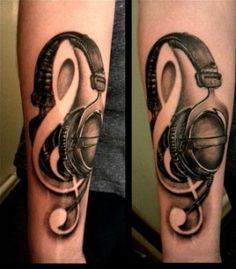 a tattoo with music notes and headphones on the arm, in black and white