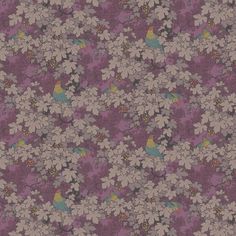 an image of a wallpaper with flowers and birds on it's purple background