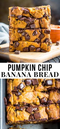 pumpkin chip banana bread stacked on top of each other