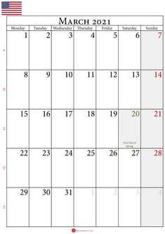 march 2021 calendar with the usa flag on it