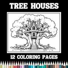 coloring pages for kids with tree houses and trees in the background, surrounded by colored pencils