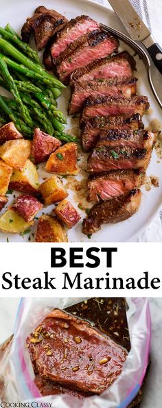 steak, potatoes and asparagus on a plate with the words best steak marinade