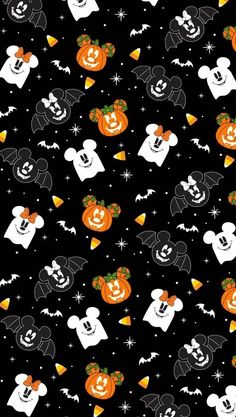 mickey mouse halloween pattern with bats, pumpkins and ghost heads on a black background