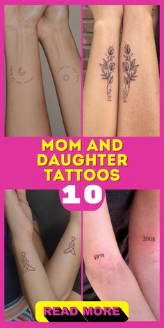 four different tattoos with the words mom and daughter tattooed on their arms, both in black ink