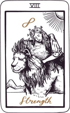 a tarot card with an image of a woman riding a lion