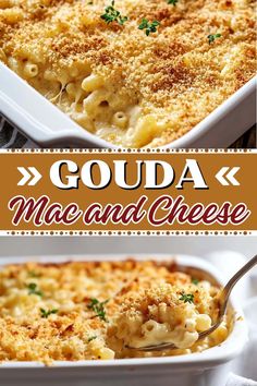 an image of macaroni and cheese in a casserole dish with text overlay