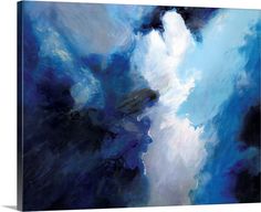 an abstract painting with blue, white and black clouds in the sky on a dark background