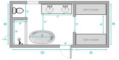 a bathroom with measurements for the toilet and sink