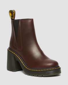 Doc Martens Heels, Brown Dr Martens, 70s Boots, Dark Brown Leather Boots, Heel Chelsea Boots, Heeled Chelsea Boots, Yellow Heels, Fall Shoes, Outfit Inspo Fall