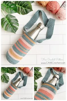 the crocheted water bottle cover is made with yarn and has a handle to hold it