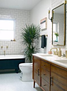 a bathroom with a toilet, sink and bathtub next to a large plant in the corner