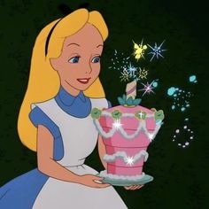 a cartoon character holding a birthday cake with sparkles