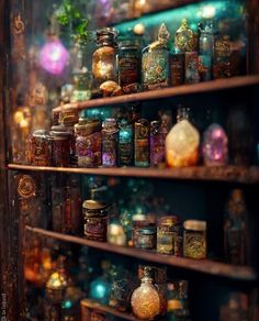 there are many jars on the shelves in this room