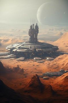 a sci - fi space station in the middle of an alien land, surrounded by mountains and planets