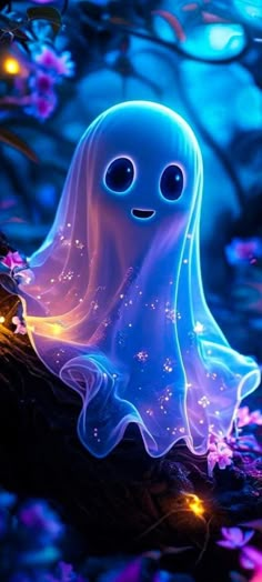 a blue ghost sitting on top of a tree branch in the night sky with lights around it