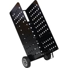 a black cart with wheels and holes on it