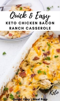 a casserole dish with chicken and bacon in it on a white plate next to a fork