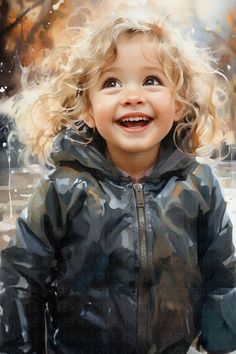 "In this heartwarming watercolor painting titled \"Rainy Day Delight\", a picturesque scene unfolds, capturing the essence of a simple and beautiful childhood moment. At the center of the composition stands a charming blond toddler, no more than a few years old, wrapped snugly in a cozy coat that seems almost oversized. Raindrops gently cascade from the sky, forming a gentle, soothing drizzle. We pour our passion and skill into each portrait, meticulously crafting every detail to portray the unique personality, emotions, and relationships of the subjects. Whether it's a beloved family member, a cherished pet, or a special moment frozen in time, our watercolor portraits breathe life into the paper, evoking feelings of joy, nostalgia, and love. At Castle By Sea, we believe that every portrai Shrunken Heads, Western Paintings, Photo Competition, Child Photography, Pure Joy, Pencil Portrait, Kids Portraits, Interesting Faces, Art Watercolor