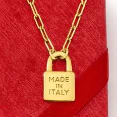 Ross-Simons - Italian Gold Over "Made in Italy" Lock Pendant Paper Clip Link Necklace. 18". From Italy, with love! This chic 18kt yellow gold over sterling silver necklace features a lock pendant engraved with the words "Made in Italy" on both sides. Suspends from an on-trend paper clip link chain. Priced to please and perfect for wearing with other strands for a fabulous layered look. Lobster clasp, 18kt gold over sterling lock pendant paper clip link necklace. Luxury Yellow Gold Link Charm Necklace, Gold Padlock Chain Necklace, $20gold Paperclip Necklace, Gold-plated Paperclip Chain Jewelry With Initial Pendant, Luxury Gold-tone Paperclip Chain Necklace, Link Necklace, Paper Clip, Free Jewelry, Sterling Silver Necklaces