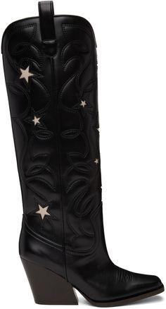 Calf-high buffed faux-leather boots in black. Graphic cutouts and embroidered detailing throughout. · Pull-loops at collar · Stacked block heel with rubber injection · Faux-leather sole · Heel: H3.25 in Made from cruelty-free, non-animal materials. Supplier color: Black/Stone Designer Cowboy Boots, Star Cowboy Boots, Stella Mccartney Boots, Black Cowgirl Boots, Nashville Outfit, Urban Shoes, Nashville Hot, Bota Country, Black Cowboy Boots