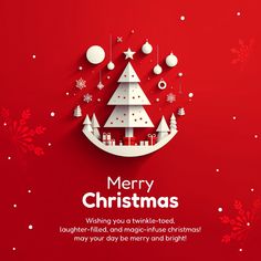 merry christmas card with white paper cut trees and snowflakes on red background,