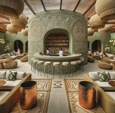 the inside of a restaurant with lots of tables and stools in front of an open fire place