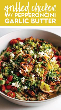 grilled chicken with peppers and garlic butter in a white bowl