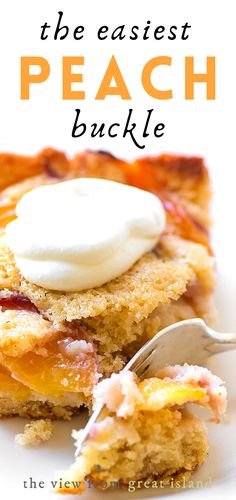 a close up of food on a plate with a fork and spoon in it that says, the fastest peach buckle